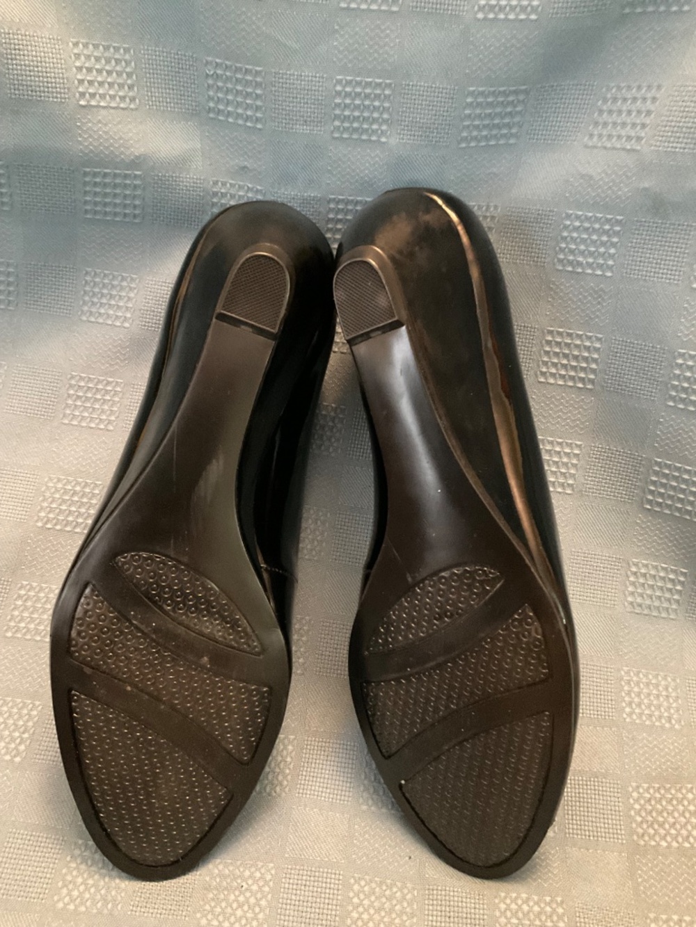 Alfani Step N Flex Sz 6.5 Black Patent Leather Open Toe Wedges - Picture 5 of 12